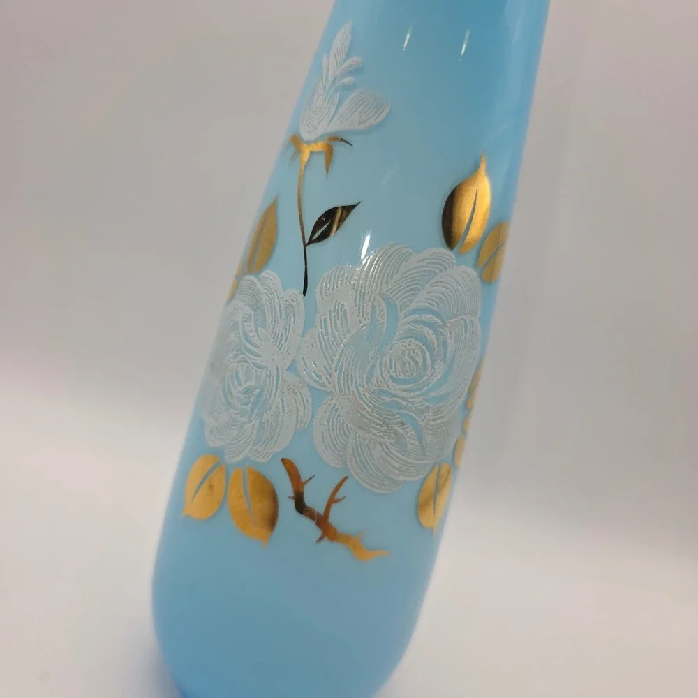 Vintage Satin Frosted Blue Glass Bud Vase White Rose Gold Leaf Floral MCM 10in